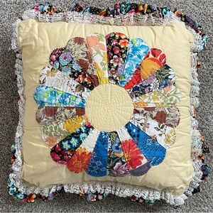 Vintage Handmade Quilted Patchwork Dresden Throw Pillow w/ Ruffle and Lace Trim